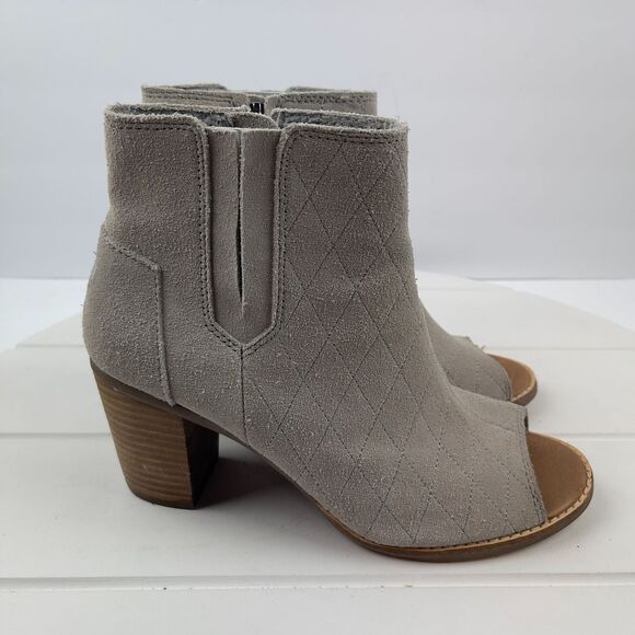 Tom's Shoes - Toms Womans Size 8.5 Gray Suede Leather Peeptoe Heels Ankle Booties
